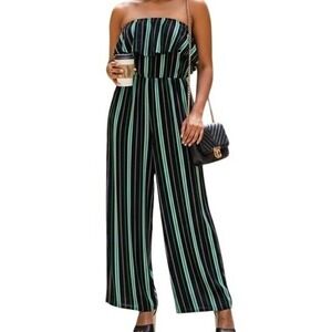 Ups & Downs $49 1X Black White Green Striped Ruffle Top Strapless Long Romper
